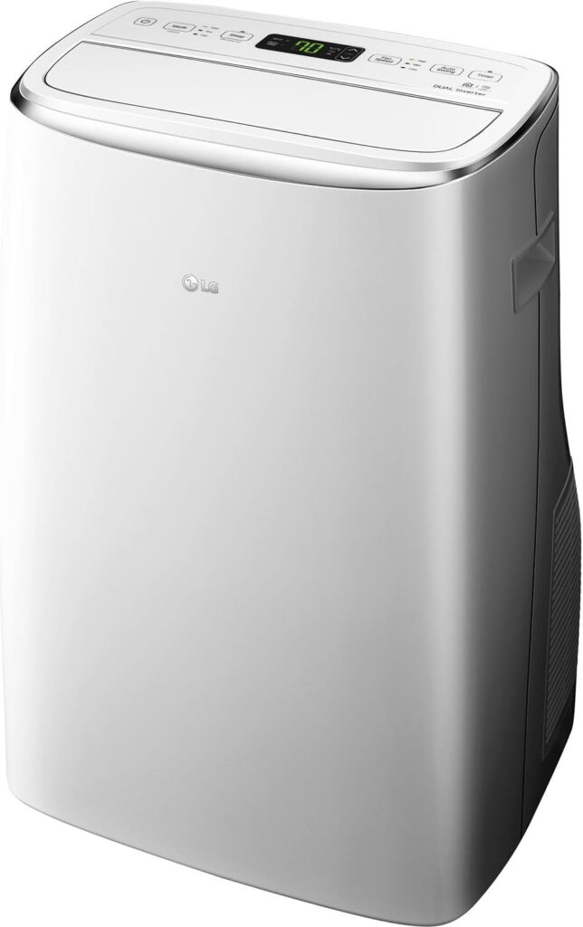 LG portable air conditioner with dual inverter technology, featuring a sleek white design, an easy-to-read digital display, and multiple control buttons on top.