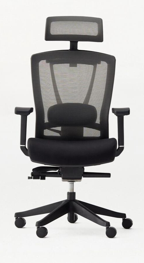 Autonomous ergonomic office chair in black, featuring a mesh backrest with a headrest.