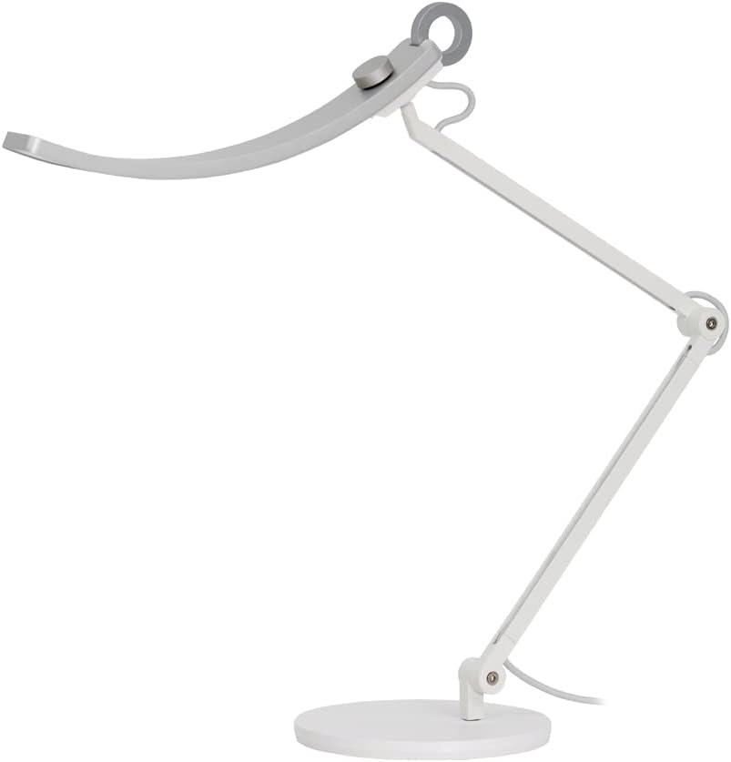 BenQ e-Reading desk lamp featuring an adjustable arm and curved LED light bar for optimal lighting. The lamp is designed in white with a circular base.