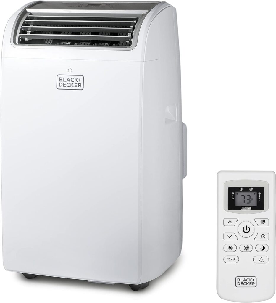 Black+Decker portable air conditioner in white, featuring adjustable air vents on the front and an easy-to-use digital display on top. The unit includes a remote control with a screen displaying the current temperature for convenient operation.