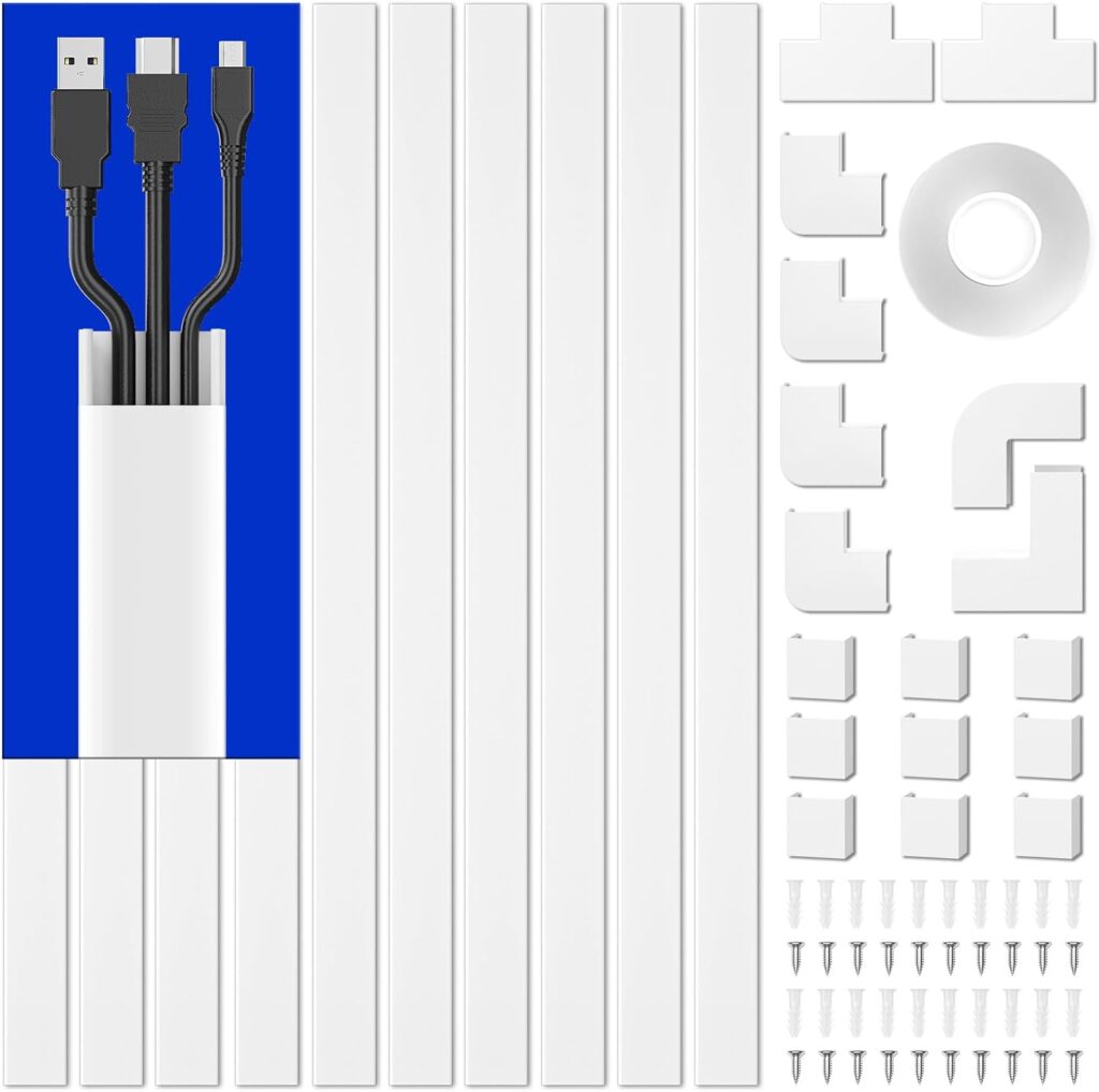 Set of white cable covers and accessories, including multiple straight covers, corner pieces, T-joints, connectors, and mounting screws. The image shows the components organized neatly, with one cover illustrating cables (USB, HDMI, and micro-USB) inside to demonstrate use. 