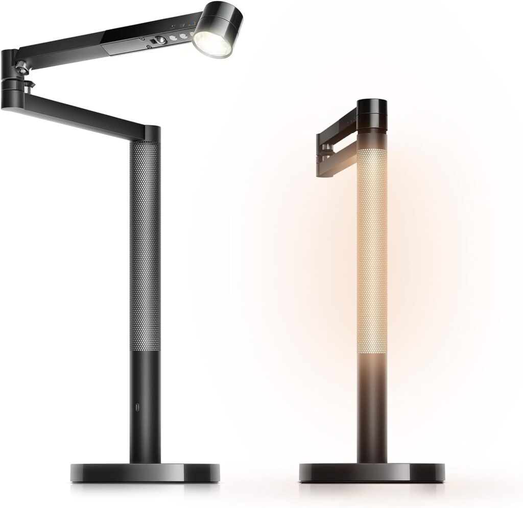 Dyson Solarcycle Morph LED desk lamp in black, showcasing its modern design with an adjustable arm and versatile light settings. The lamp features a unique cylindrical base that emits a warm, ambient glow.