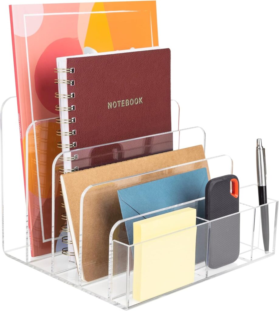 E+Count Acrylic Desk Organizer featuring multiple compartments for notebooks, folders, envelopes, sticky notes, and small office supplies.