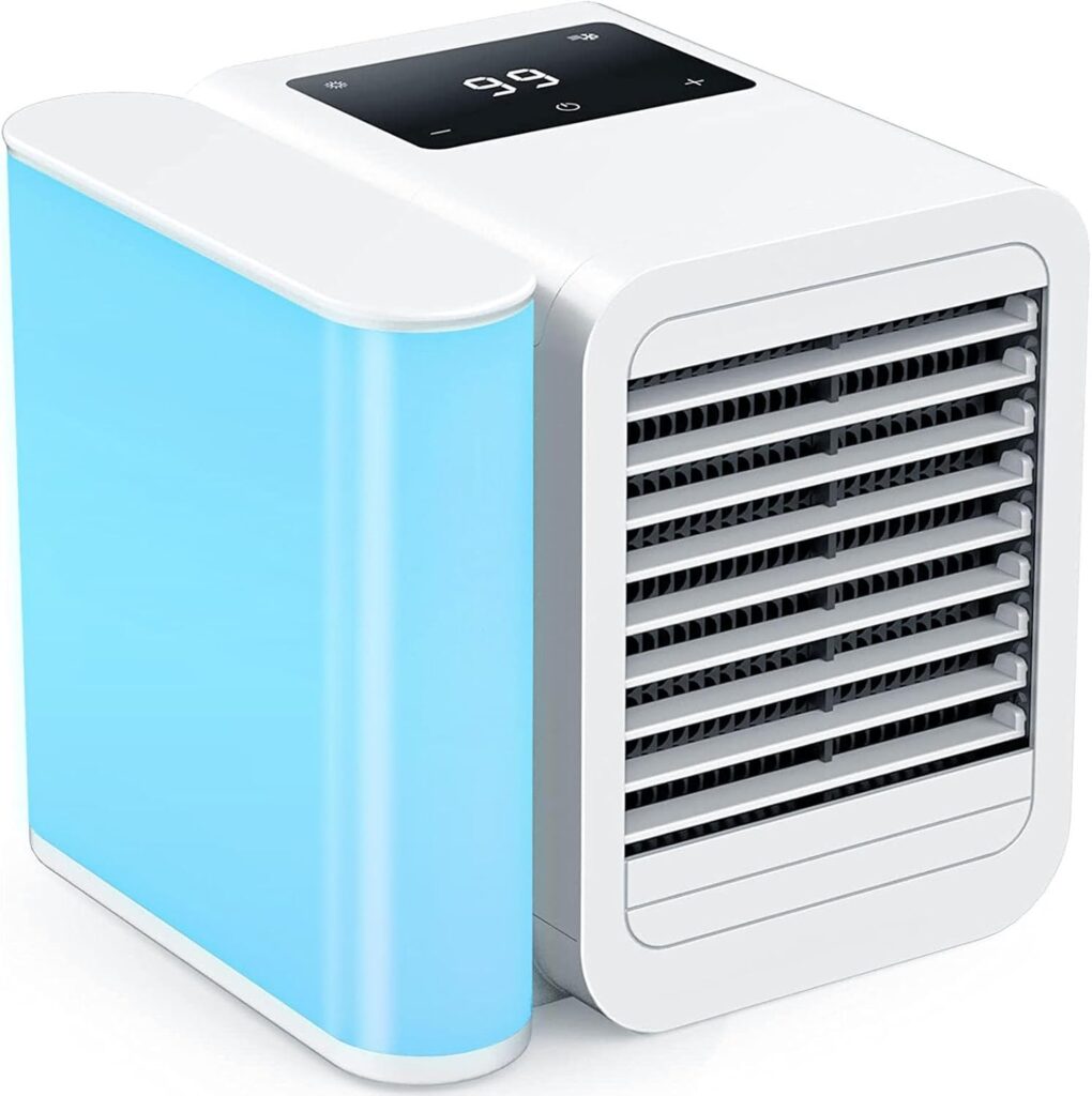 Compact evaporative mini air cooler with a sleek white and blue design, featuring a digital display on top showing the number 99 and horizontal vents on the front for air circulation.