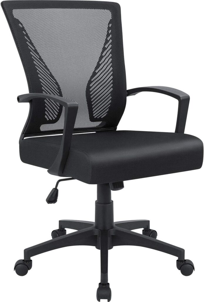 Black office chair with a mesh backrest, ergonomic design, and adjustable height. The chair features a sturdy base with five caster wheels for easy mobility, armrests for added comfort, and a lever for adjusting the seat height.