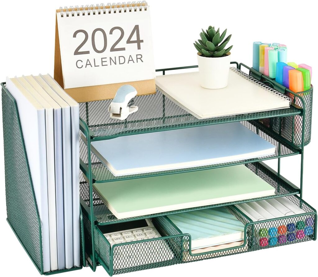 Gianotter Desk Organizer in green mesh featuring multiple compartments for books, notebooks, folders, and office supplies, with three tiers for paper trays and additional side pockets for pens and markers.