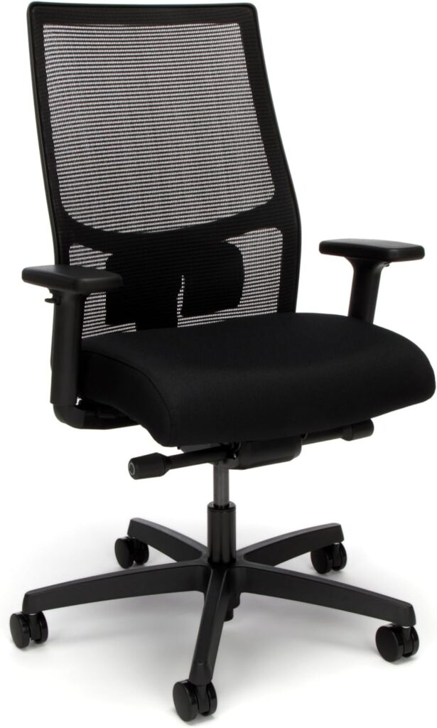 HON Ignition ergonomic office chair in black, featuring a mesh backrest, cushioned seat.