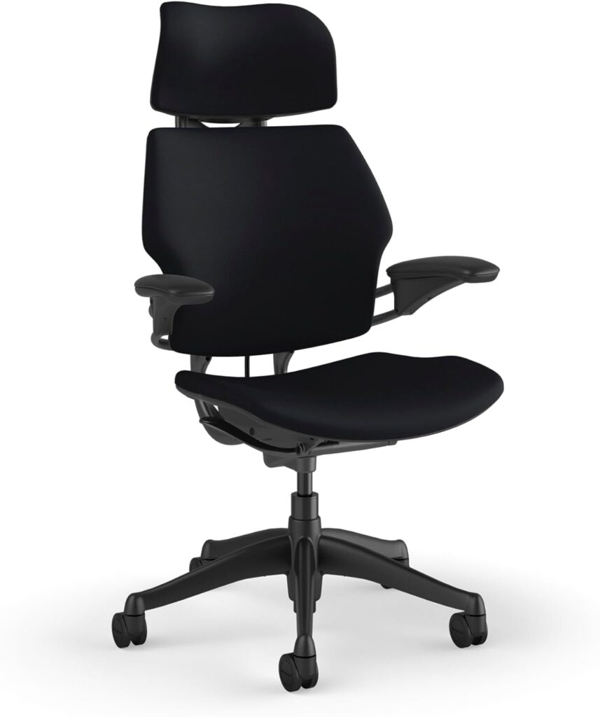 Humanscale Freedom ergonomic office chair in black, featuring a contoured backrest with a headrest.