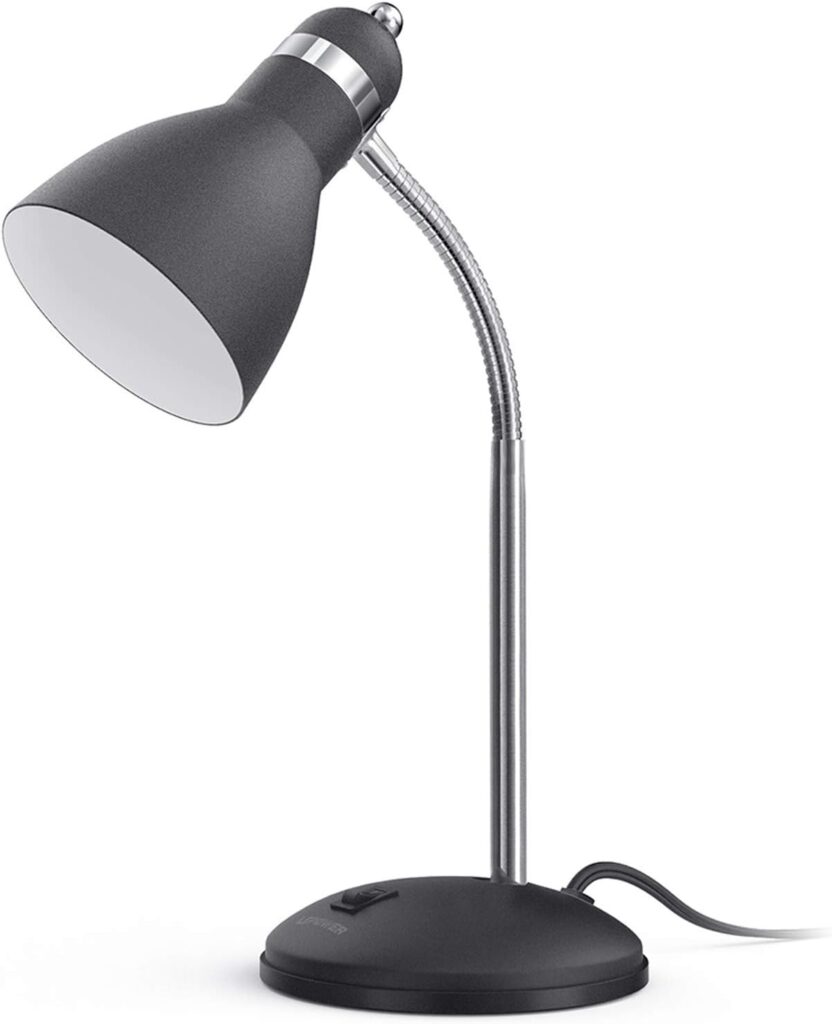 LEPOWER metal desk lamp in black with a flexible gooseneck design, allowing for adjustable lighting angles. The lamp features a sturdy base with an on/off switch.