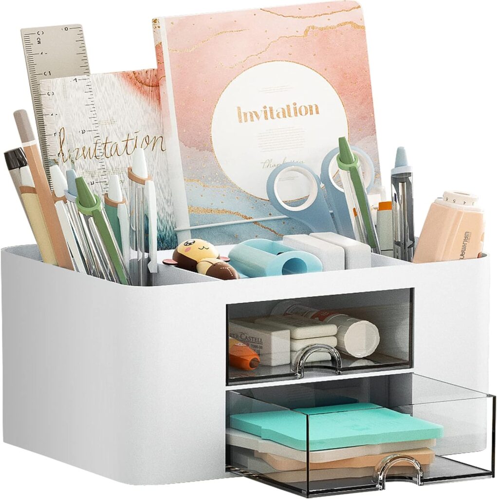 Marbrasse Desk Organizer featuring multiple compartments for pens, scissors, rulers, and notebooks, with two clear pull-out drawers for additional office supplies.