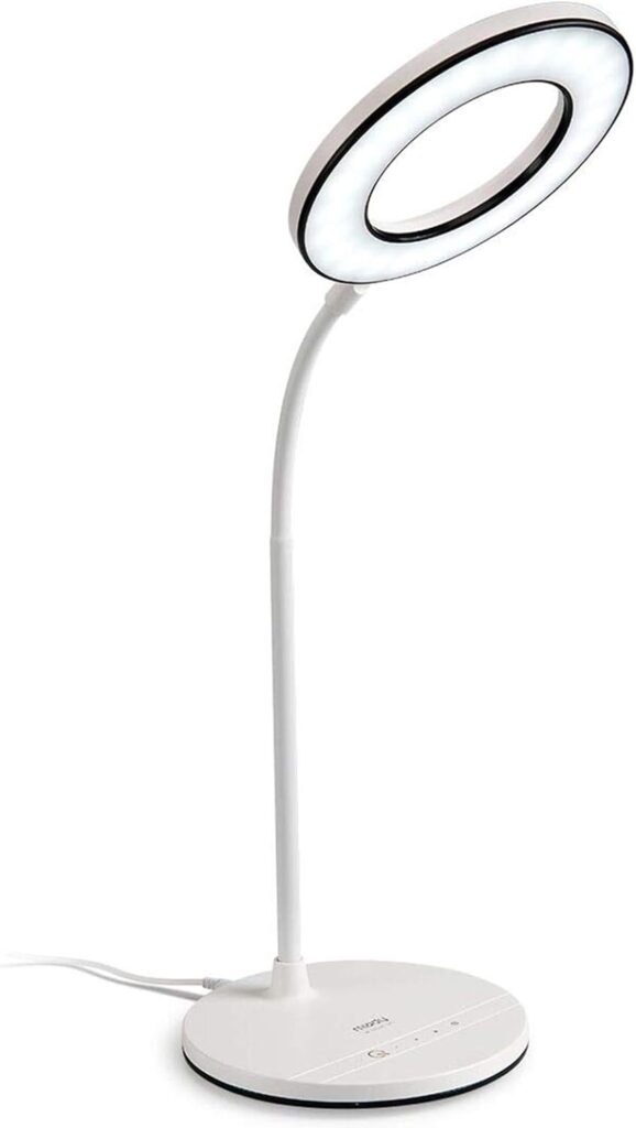 Miady LED desk lamp featuring a modern ring-shaped light with a flexible gooseneck for adjustable lighting angles. The lamp is designed in white with touch-sensitive controls on the base.