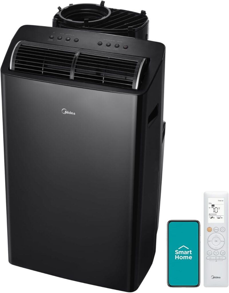 Midea Duo portable air conditioner in sleek black, featuring top air vents, control buttons, and an accompanying remote control and smartphone app for smart home integration.