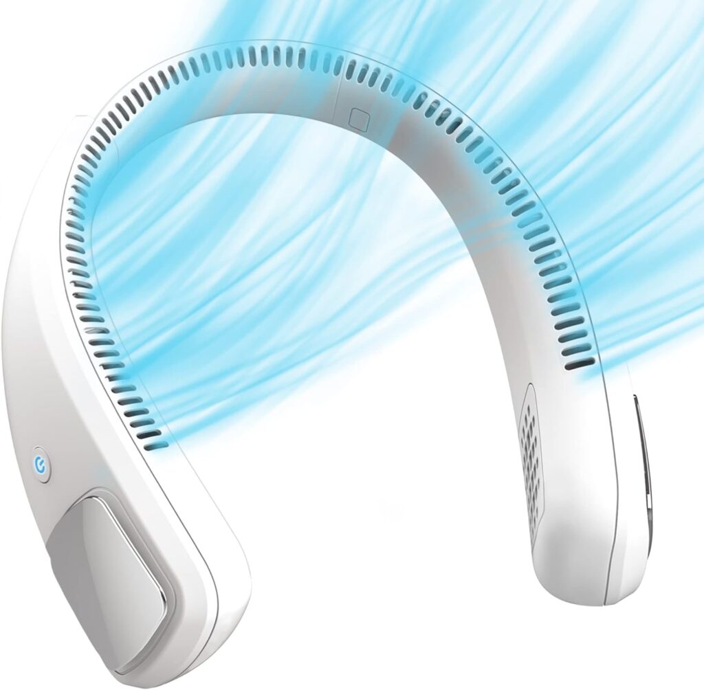 White wearable neck fan with a sleek, curved design and vented sides, emitting blue airflow to provide cooling. The fan features a power button and ergonomic shape for comfortable wear around the neck.