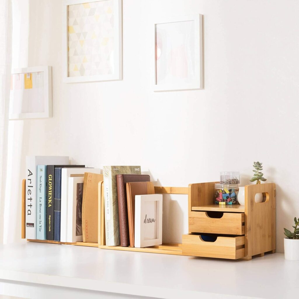 Ollieroo bamboo desk organizer featuring multiple compartments for books, notebooks, and office supplies, with two pull-out drawers and side handles for easy transport.