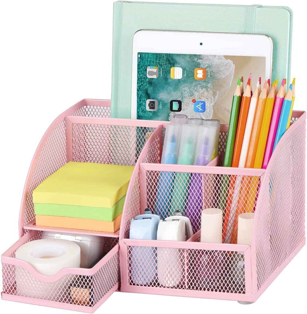 POPRUN Desk Organizer in pink mesh featuring multiple compartments for sticky notes, pens, pencils, markers, and small office supplies, with a drawer for additional storage and a section for holding tablets or notebooks.