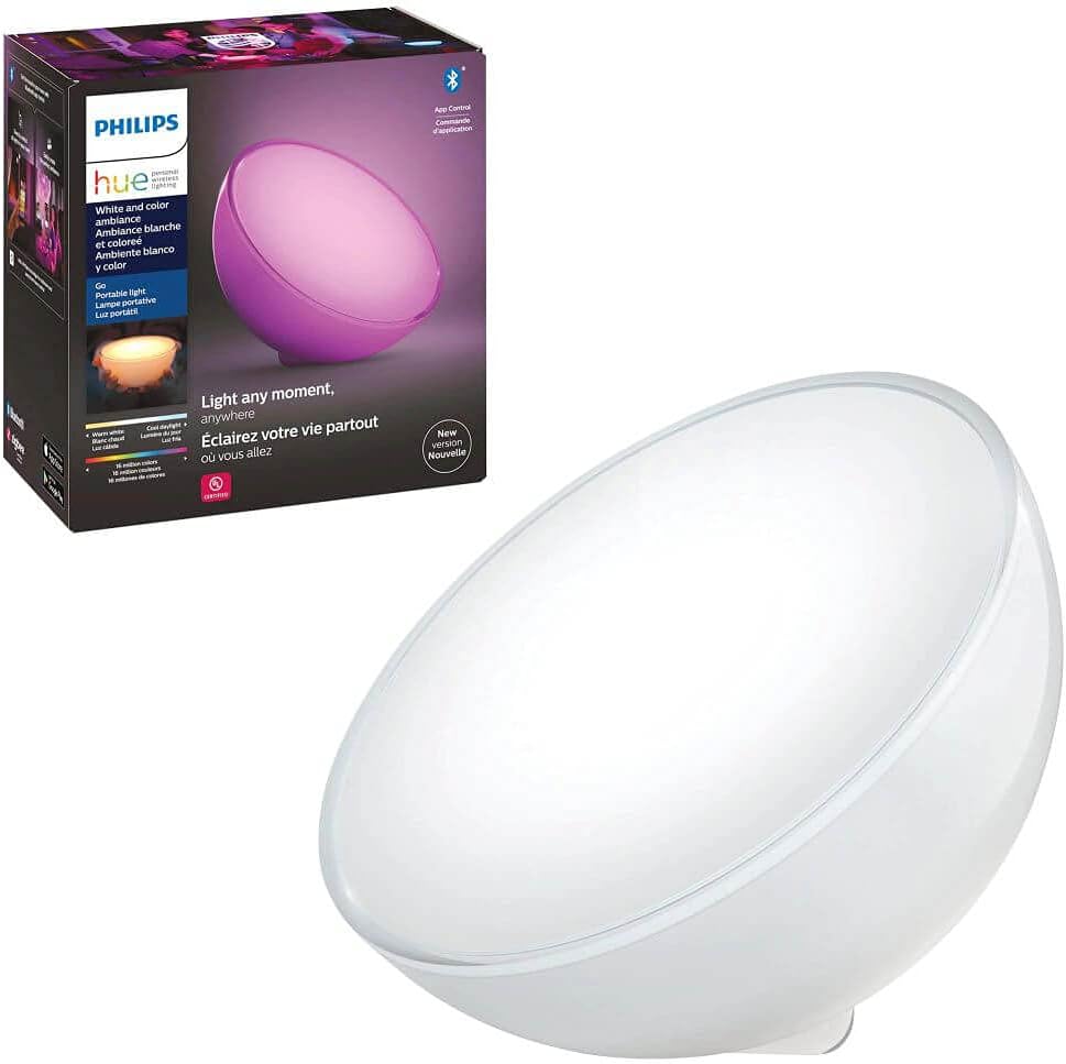 Philips Hue White and Color Ambiance portable light featuring a sleek, bowl-shaped design.