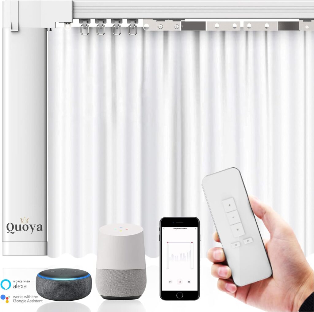 Quoya Smart Curtains System featuring remote control, smartphone integration, and compatibility with Alexa and Google Assistant. The system showcases white curtains on a sleek track, controlled by a hand-held remote, a smartphone app, and smart home devices, offering convenience and modern automation for your home.