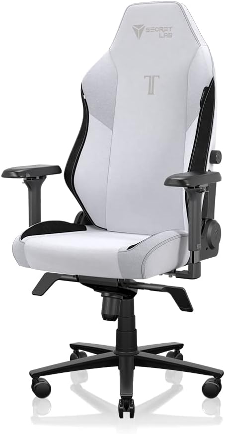 Secretlab Titan ergonomic gaming chair in white and black, featuring a high backrest.