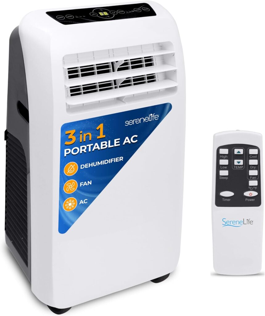 SereneLife 3-in-1 portable air conditioner in white, featuring a dehumidifier, fan, and AC functions. The unit has adjustable air vents on the front, a digital display and control buttons on top, and includes a remote control for easy operation.