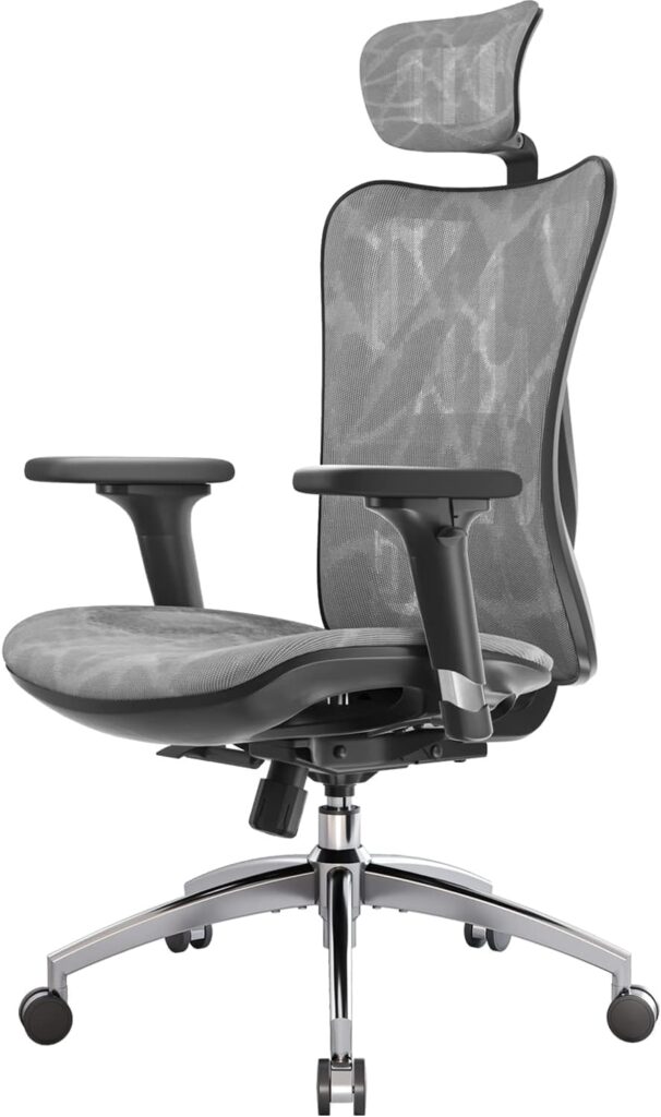 Sihoo M57 ergonomic office chair in gray mesh, featuring a high backrest and headrest