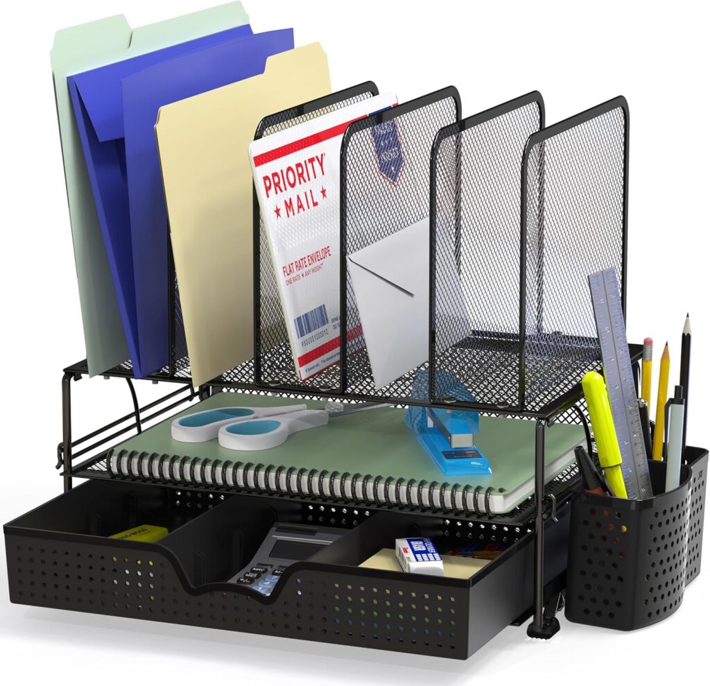 SimpleHouseware Mesh Desk Organizer featuring multiple compartments for files, envelopes, scissors, staplers, pens, pencils, and a pull-out drawer for additional office supplies.