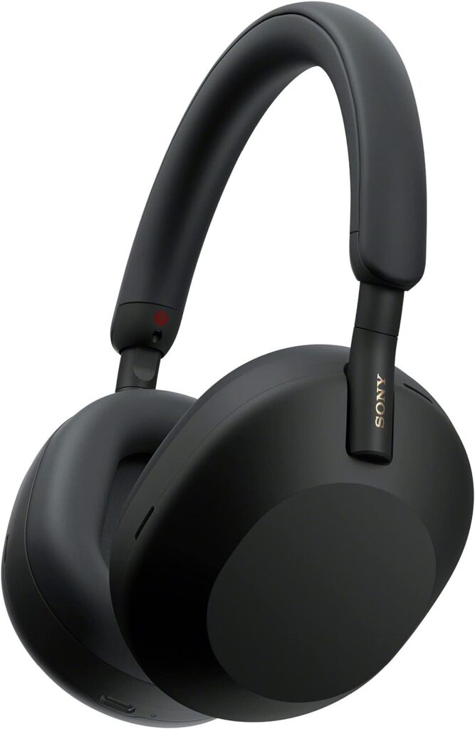 A sleek black Sony WH-1000XM5 noise-canceling headphone.