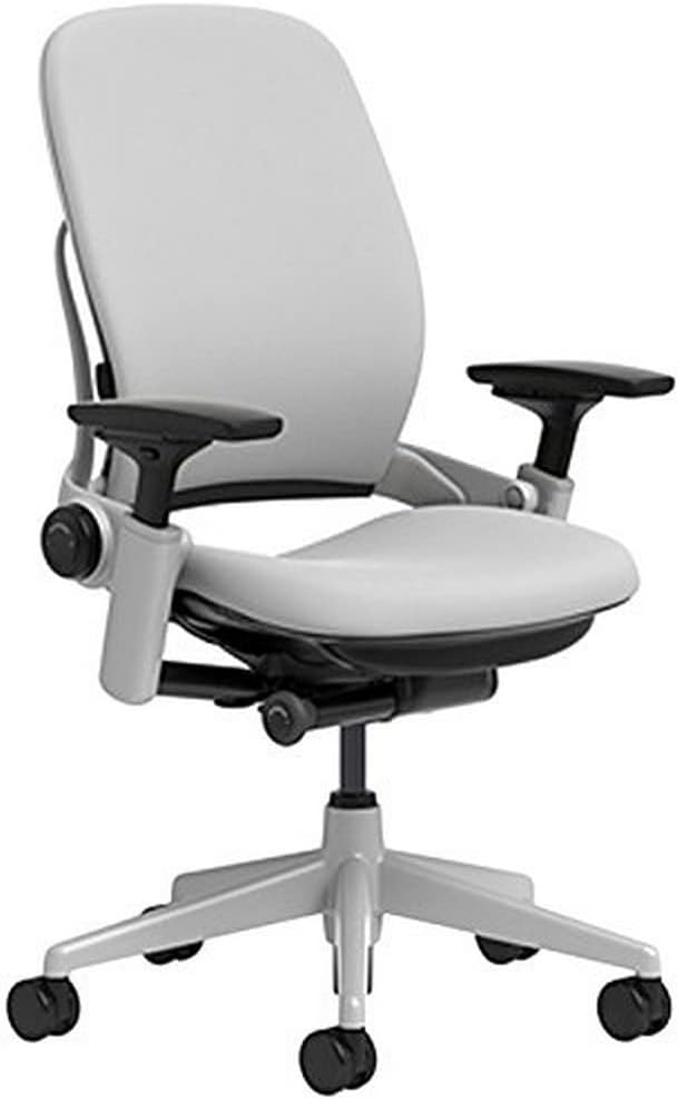 Steelcase ergonomic office chair in light gray, featuring a cushioned seat and backrest.