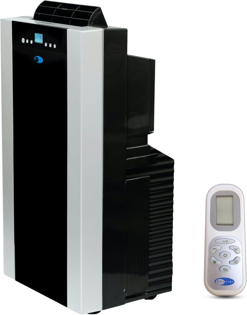 Whynter portable air conditioner with a sleek black and silver design, featuring a digital display and control buttons on the front. The unit comes with a remote control for convenient operation.