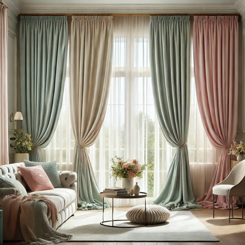 A beautifully decorated living room with floor-to-ceiling windows adorned with pastel-colored curtains in shades of blue, beige, and pink. The curtains are elegantly draped and tied back, allowing natural light to flood the room. A cozy white tufted sofa with pastel cushions and a soft throw blanket sits next to a stylish round coffee table holding a floral arrangement. The serene atmosphere is completed with a comfortable armchair and a pouf, creating a perfect space for relaxation.