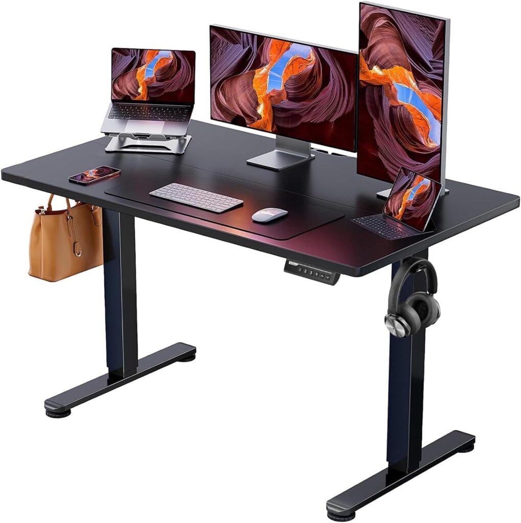 ErGear Adjustable Electric Standing Desk featuring a dual motor lift system, a large black desktop, and an electronic control panel with programmable height presets for smooth and customizable adjustments