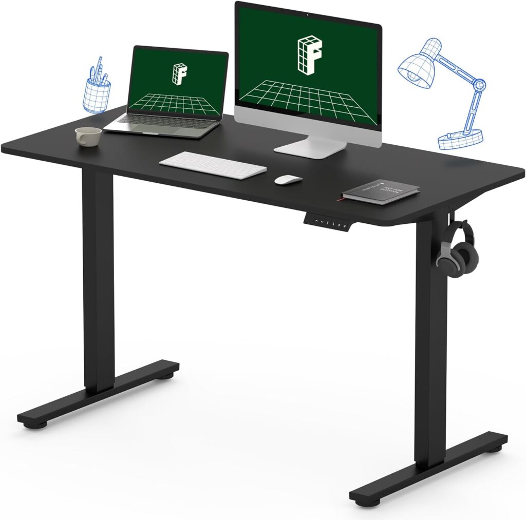 FLEXISPOT Standing Desk featuring a seamless, whole-piece wooden desktop in black, a robust steel frame, and an electric control panel with memory presets for smooth height adjustment.