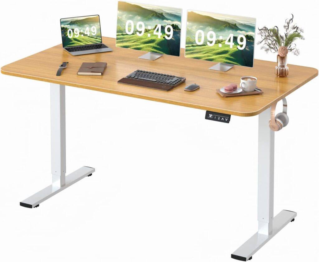 Furmax Electric Adjustable Standing Desk showcasing a large, dark wood desktop, sturdy black steel frame, and a digital control panel with memory presets for effortless height adjustments.