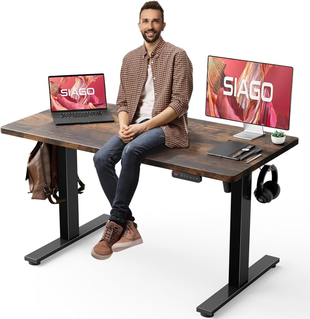  SIAGO Electric Standing Desk with a large black desktop, sleek white steel frame, and an electronic control panel featuring memory settings for precise and customizable height adjustments.