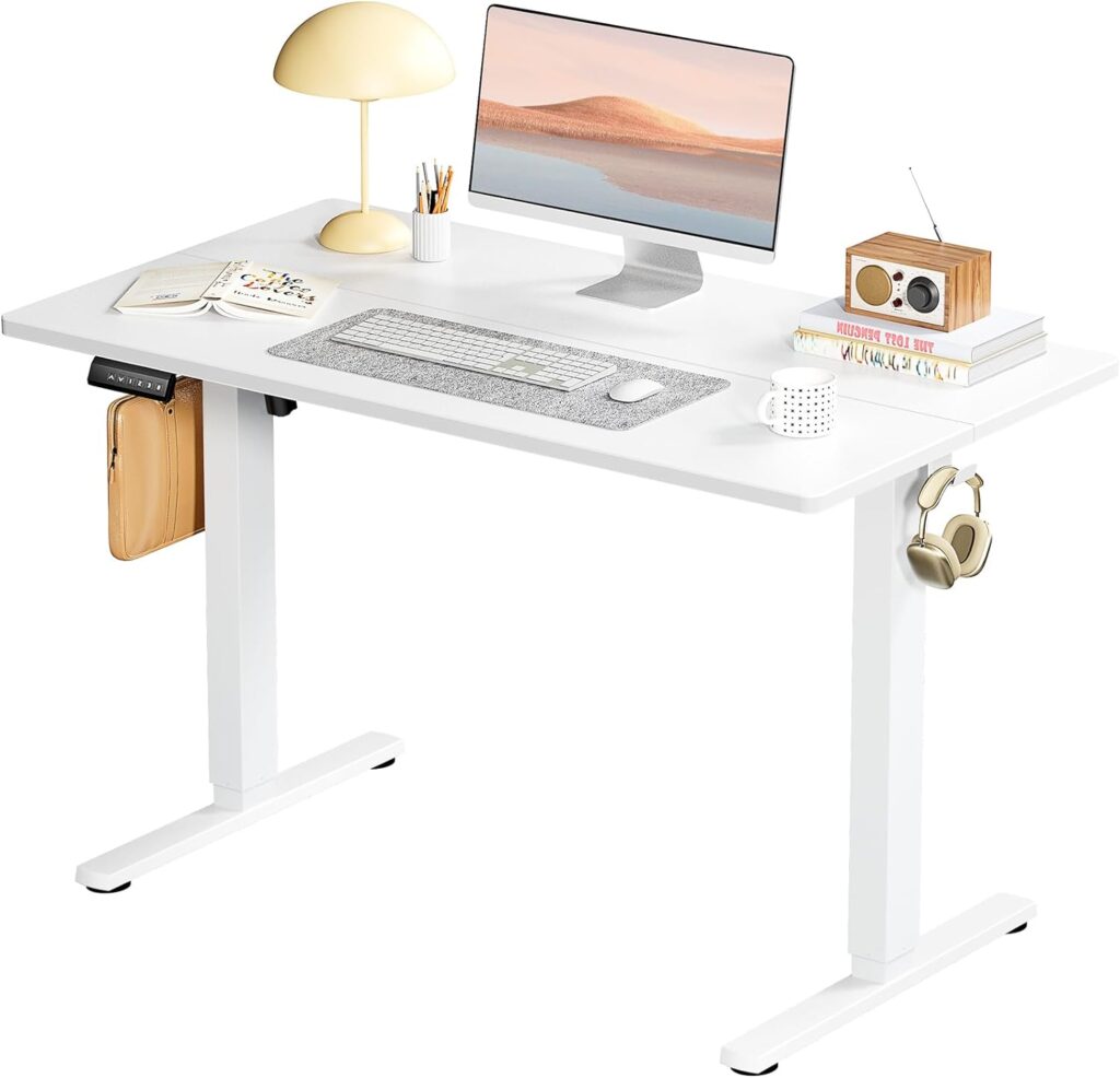 SMUG Adjustable Ergonomic Motorized Workstation featuring a spacious wooden desktop, black steel legs, and an electronic control panel with memory settings for personalized height adjustments.