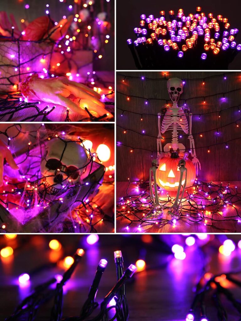 Collection of different spooky images, with purple and orange lights. 