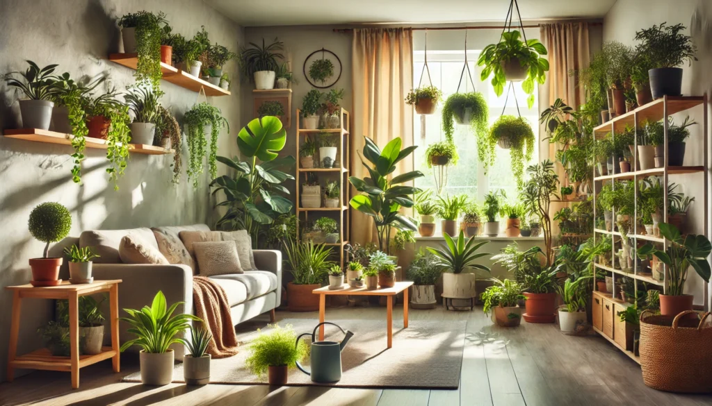  A cozy living room filled with various indoor plants. The room features a large window with sunlight streaming in, illuminating the lush greenery. 