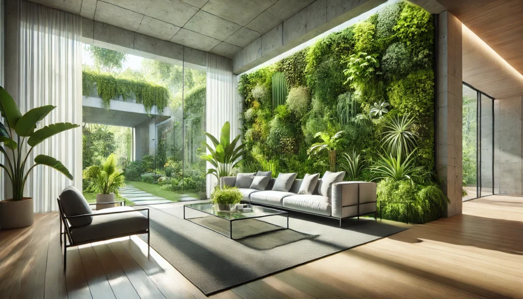 A modern indoor space featuring stunning living walls. The living walls are lush with vibrant green plants, creating a vertical garden effect. 