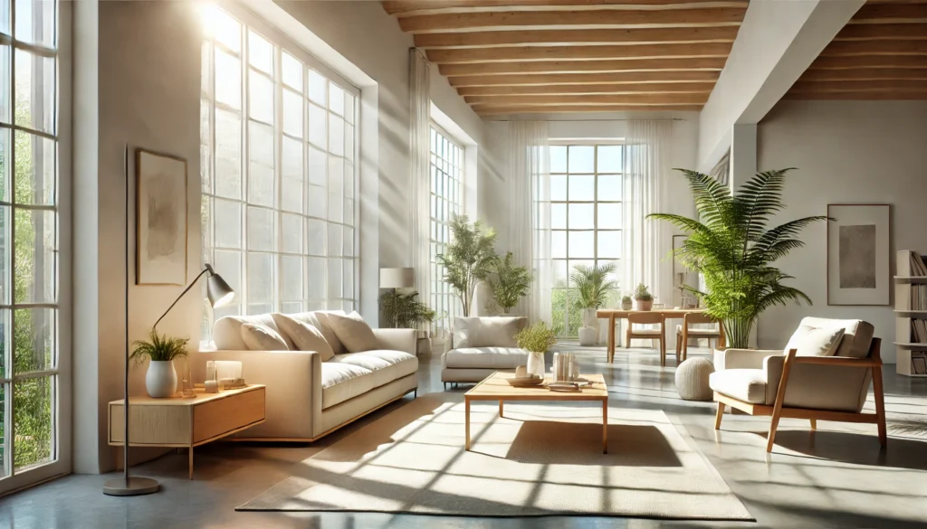 A bright and airy living room filled with natural light. Large floor-to-ceiling windows let in an abundance of sunlight, illuminating the space.