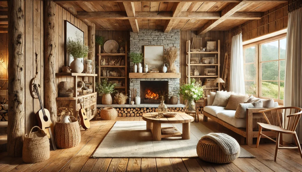  A cozy living room designed with an emphasis on natural materials. The space features wooden floors, a stone fireplace, and rustic wooden furniture.