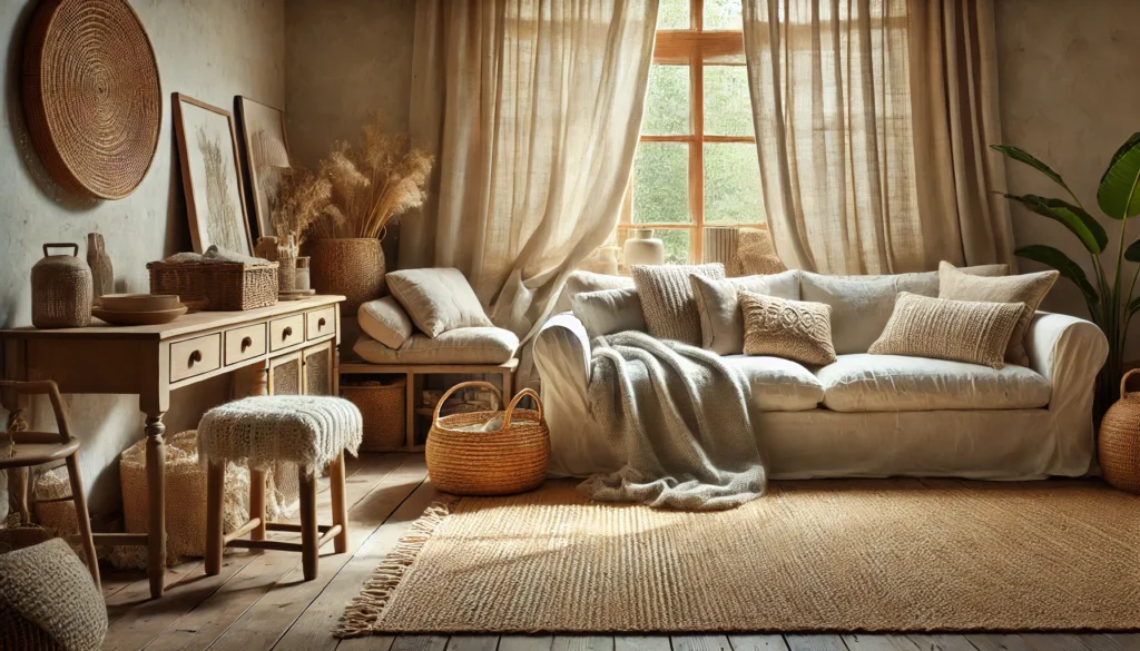 A cozy living room featuring natural textiles. The space includes a sofa covered with a linen slipcover, a woolen throw blanket draped over the arm.