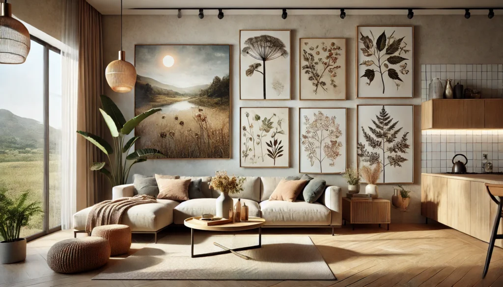  A modern living room featuring nature-inspired art. The walls are adorned with large paintings and prints depicting natural landscapes.