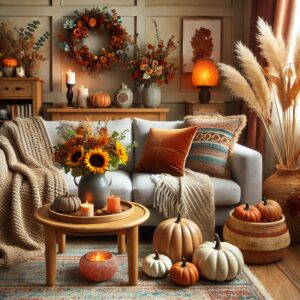 A cozy indoor setting transitioning from summer to fall decor, featuring a mix of elements.