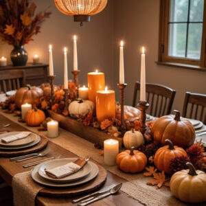 Set up table with seating, cozy ambient with candles, pumpkins and plates