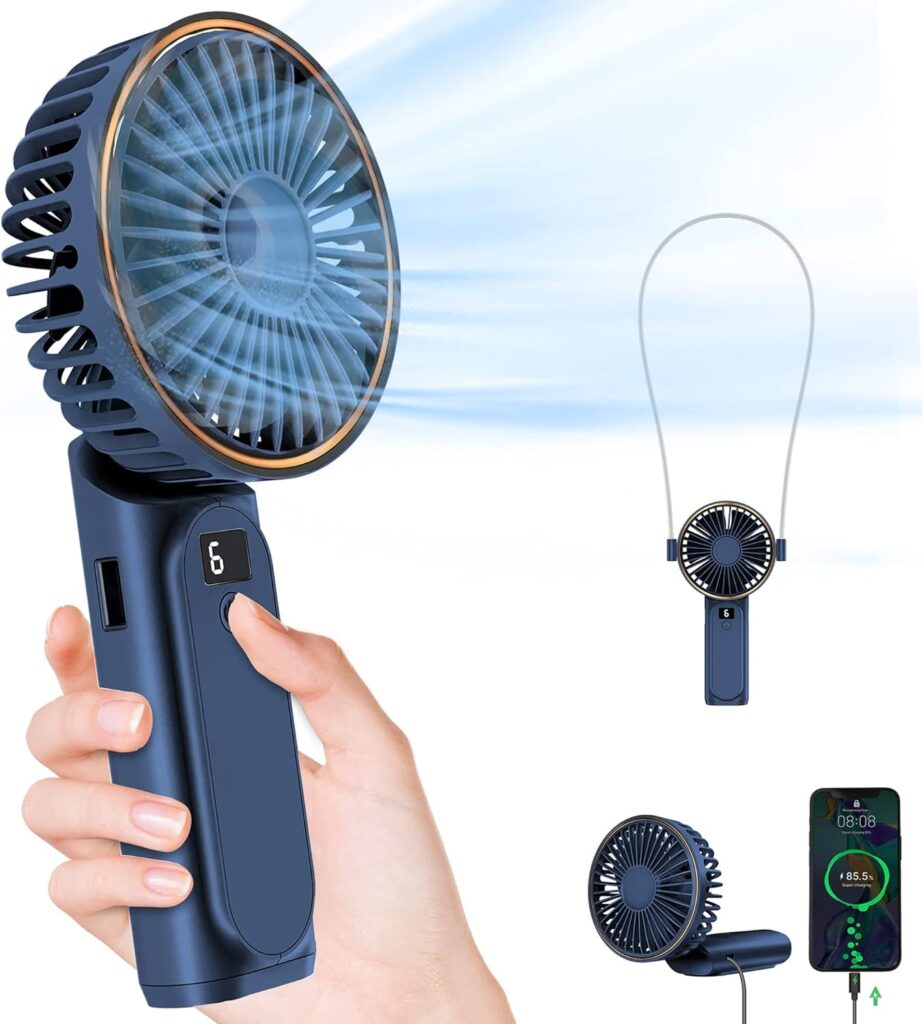 TUNISE Portable Adjustable Fan with rechargeable battery, featuring multiple speed settings and a compact, lightweight design for easy transport.