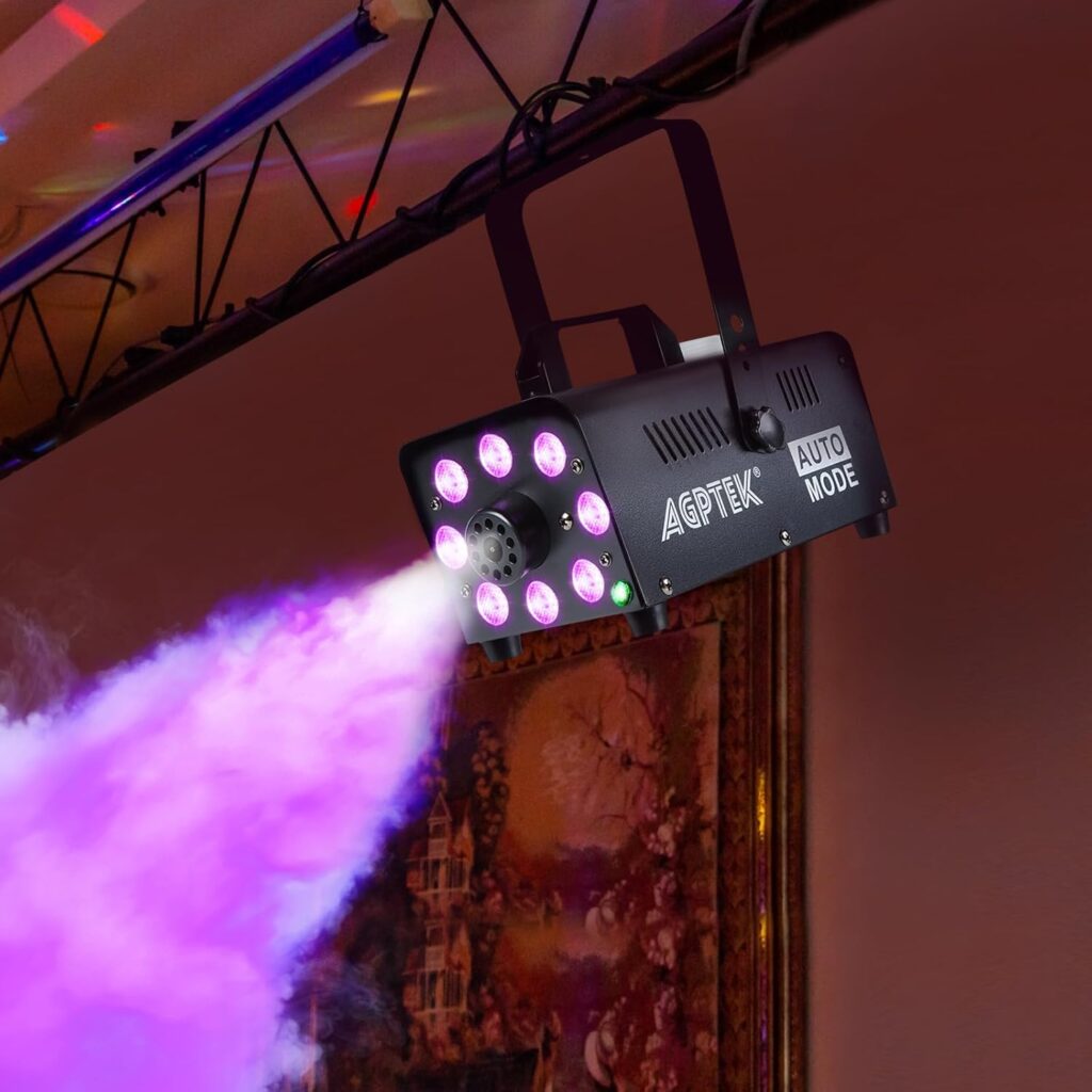 Fog machine mounted on top of the room with purple smoke coming out