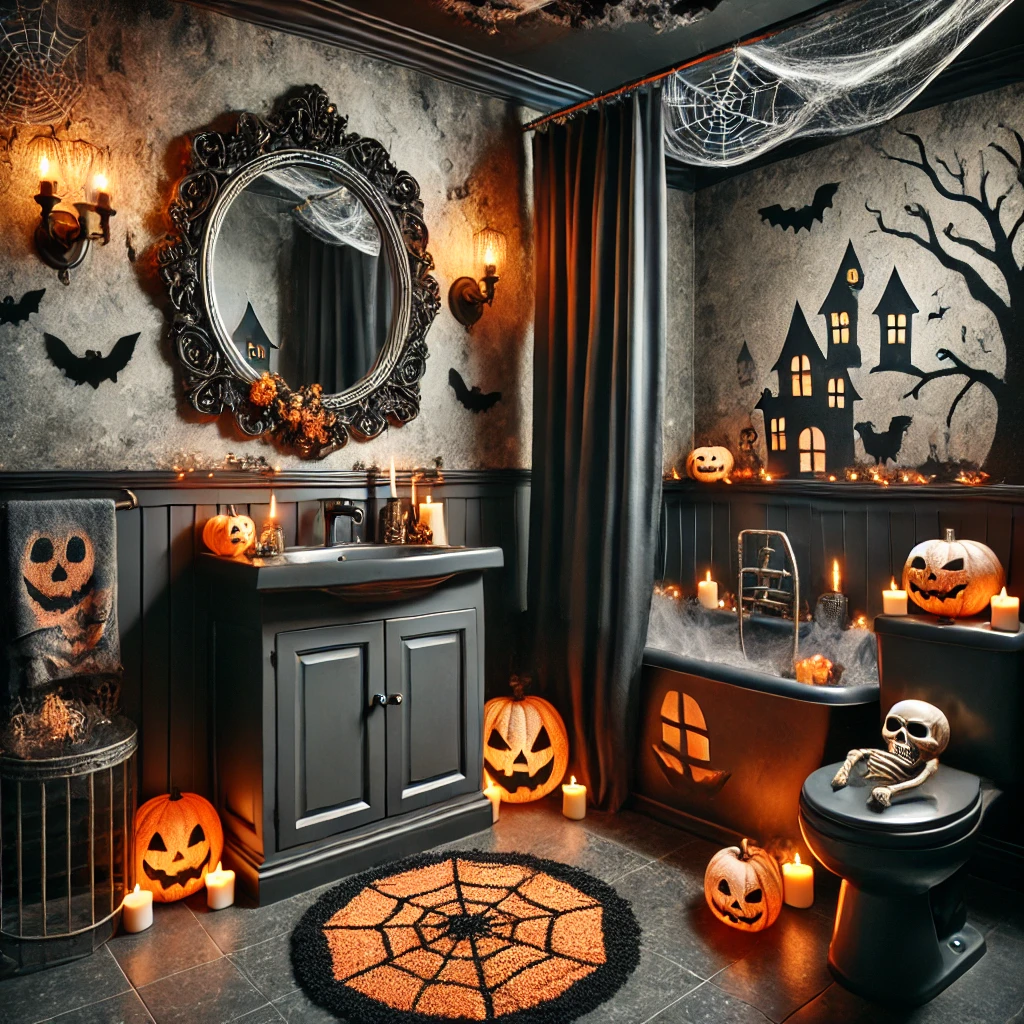 A Halloween-themed bathroom with a spooky yet playful design. The bathroom features dark walls with cobwebs hanging in the corners, and a mirror.