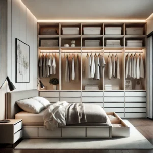 A modern bedroom with a focus on smart storage solutions. The room features a sleek, minimalist design with practical storage options.